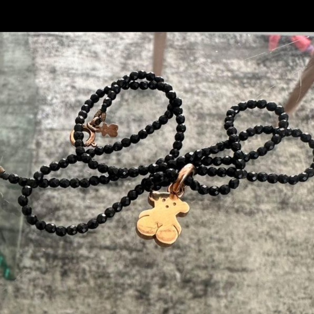 Tous Black Beaded Necklace with Bear Pendant